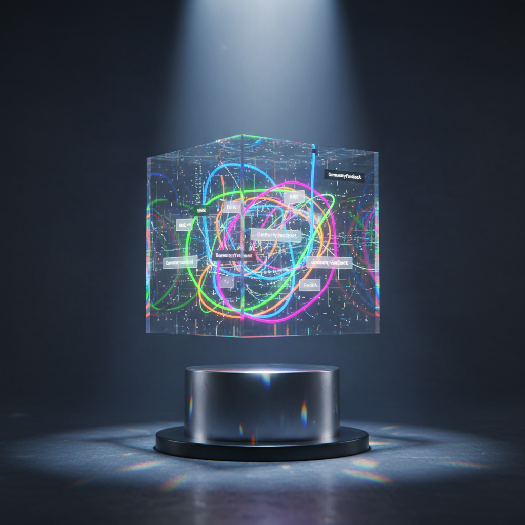 A futuristic, transparent cube filled with glowing, colorful data streams, each stream labeled with small floating tags like “Market Fit,” “Risk,” “Traction,” and “Community Feedback.” The cube hovers inches above a brushed steel pedestal in a dark, minimal studio environment. A focused spotlight from above creates intense highlights on the cube’s edges, sending prismatic reflections onto the pedestal and floor, while the background falls into a deep gradient of charcoal and electric blue. Captured with a centered composition and slight low-angle view, the image feels bold and iconic. The photographic realism mixed with subtle sci-fi elements visually represents the process of compressing raw startup ideas into sharp, validated insights through structured analysis.