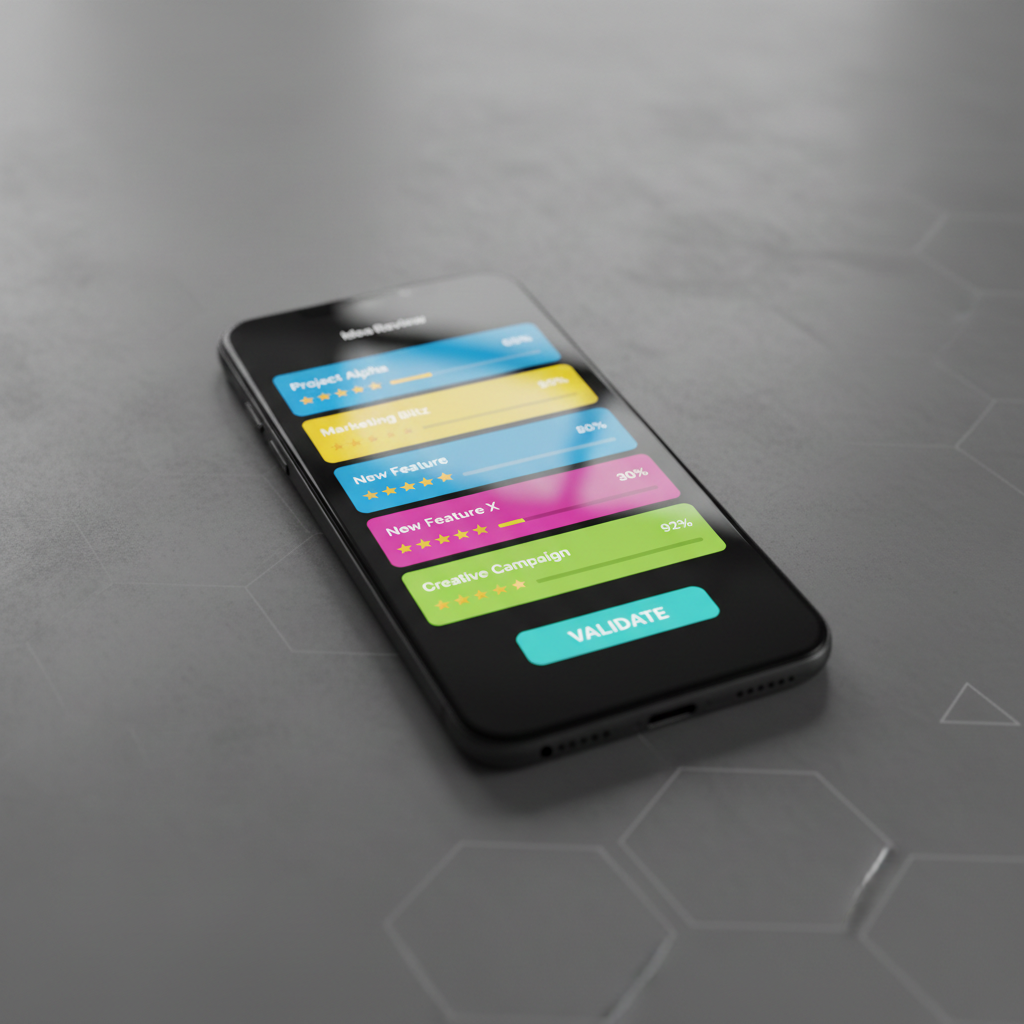 A close-up of a matte-black smartphone resting on a smooth concrete surface, its screen displaying a bold, modern interface of an idea review feed. Colorful idea tiles with short titles, rating stars, and progress meters stack vertically, with a prominent “Validate” button glowing in electric teal at the bottom. Subtle reflections ripple across the glass screen under directional studio lighting, creating crisp highlights and controlled shadows that emphasize the device’s sleek geometry. The background is blurred into soft gray gradients with faint hints of geometric patterns, suggesting a high-tech workspace. Shot from a low, dramatic angle, the composition uses rule of thirds to place the phone prominently, evoking a bold, dynamic, mobile-first platform for real-time feedback.