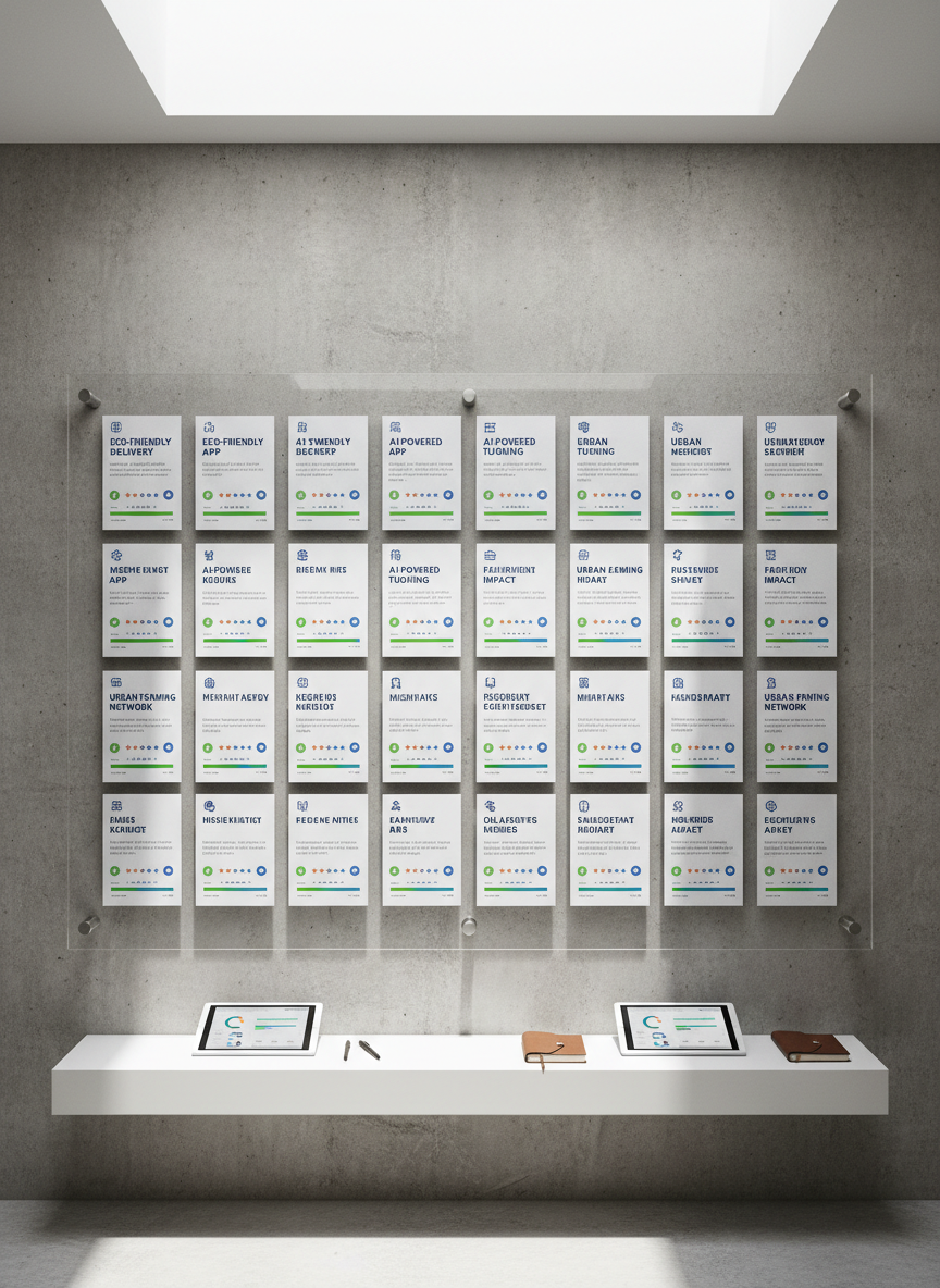 A large, transparent acrylic board mounted on a concrete wall, covered with crisp, printed startup idea cards arranged in a structured grid. Each card shows a bold idea title, a short description, and a simple icon, with vibrant rating badges and progress bars underneath. Below the board, a minimalist white shelf holds tablets and notebooks, all neatly aligned. Bright, diffused daylight from an unseen skylight above illuminates the scene, creating soft reflections in the acrylic and gentle shadows on the wall. Captured straight-on at eye level with sharp focus across the entire frame, the mood is organized, ambitious, and analytical. The photographic, clean, and modern aesthetic conveys a powerful system for community-driven idea evaluation.